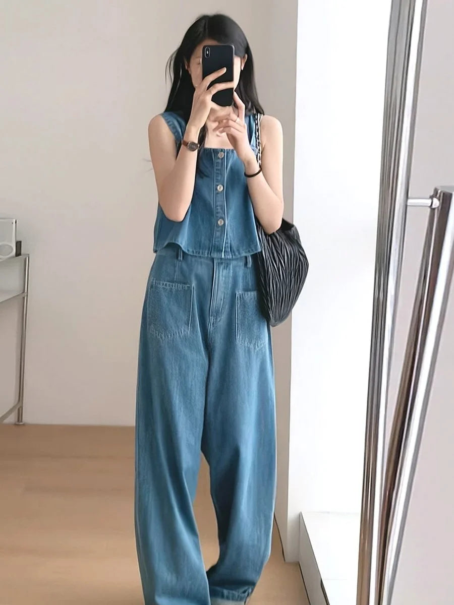 Denim Two Piece Set - Sleeveless Top & Wide Leg Pants