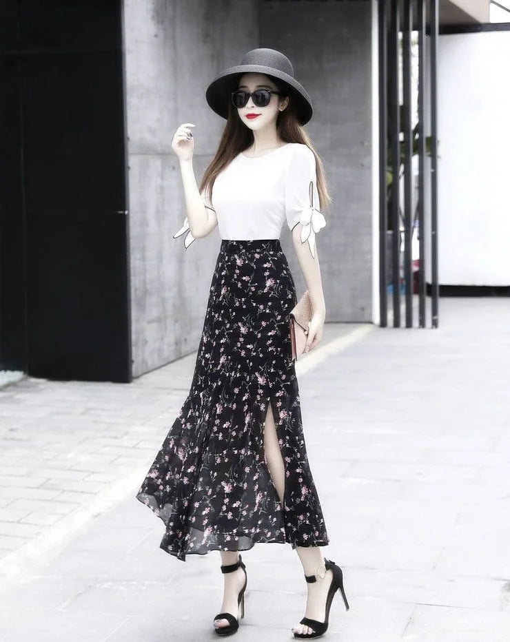 Velvet Midi Skirt - Belted Pleated Long