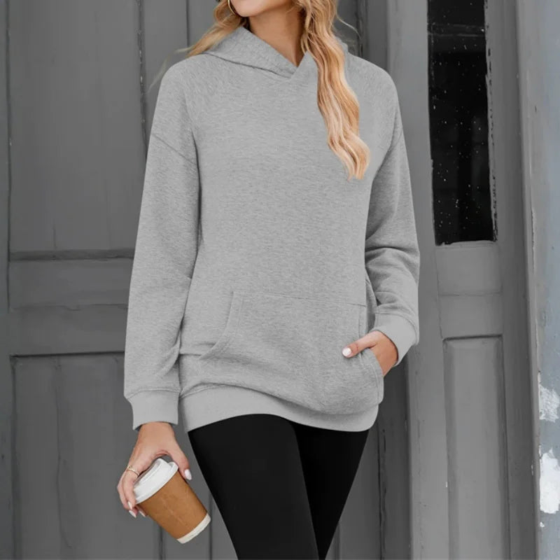 Polerón Mujer Capucha Manga Caída Color Sólido Bolsillos