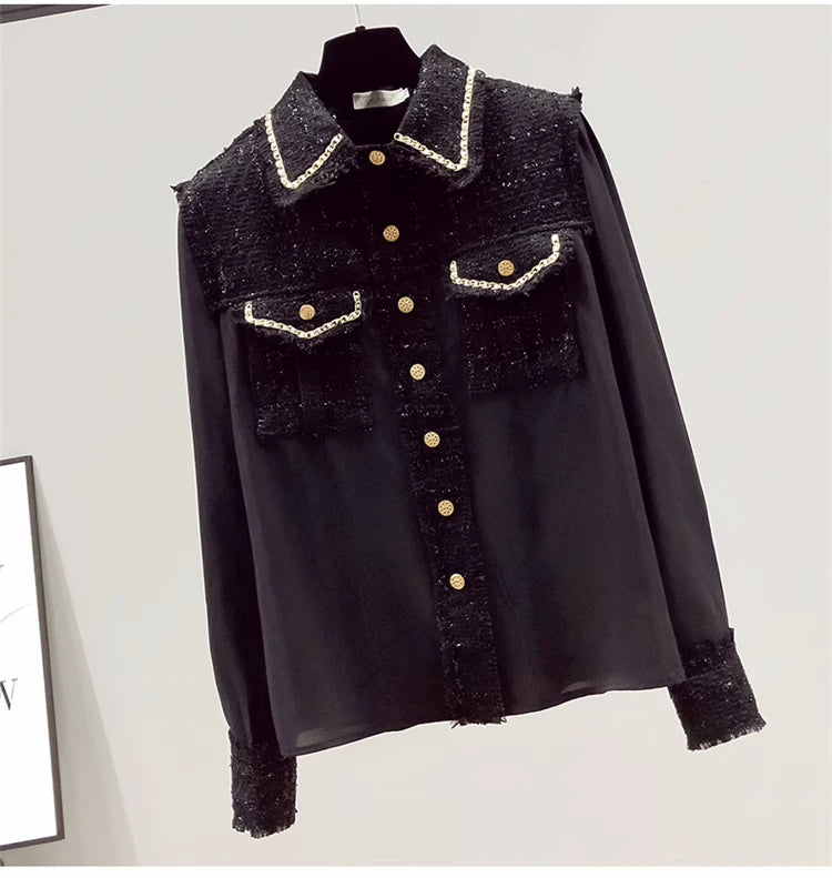 Blusa Tejido Texturado Tweed Patchwork Cuello Vuelto Manga Larga