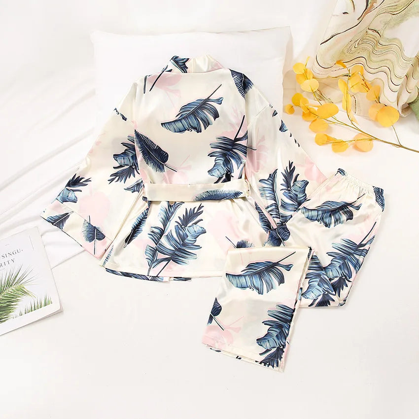 Pijama Dos Piezas Satinado con Cinturón Mujer Estilo Elegante