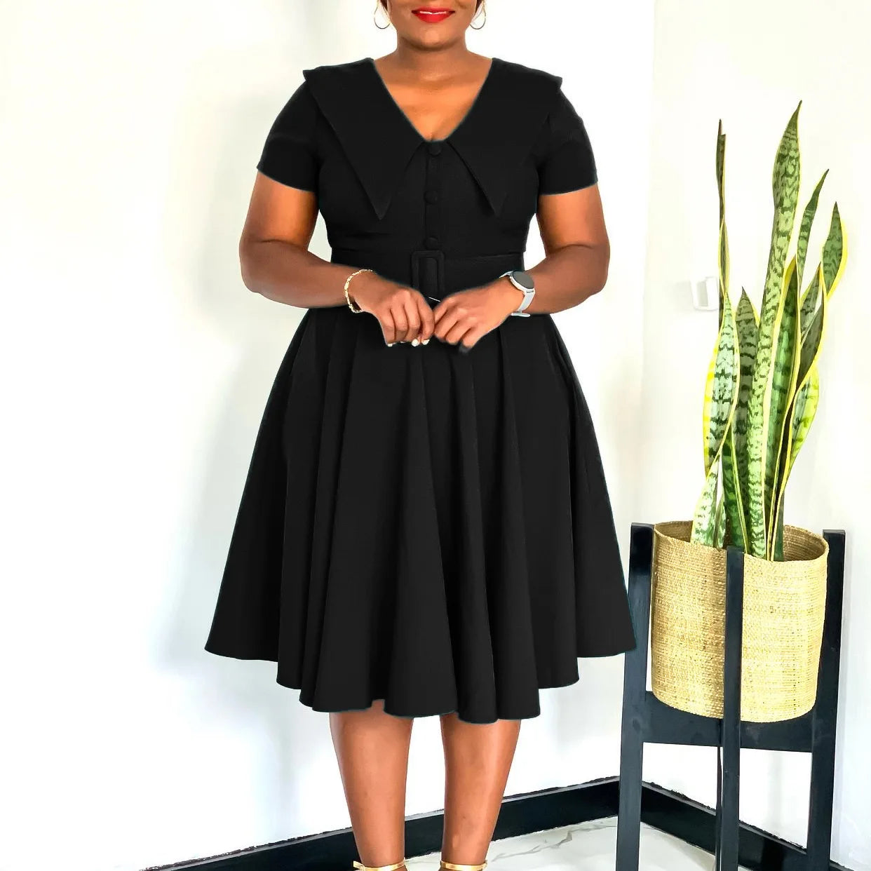 Office Dress - Turn Down Collar Pleated Midi