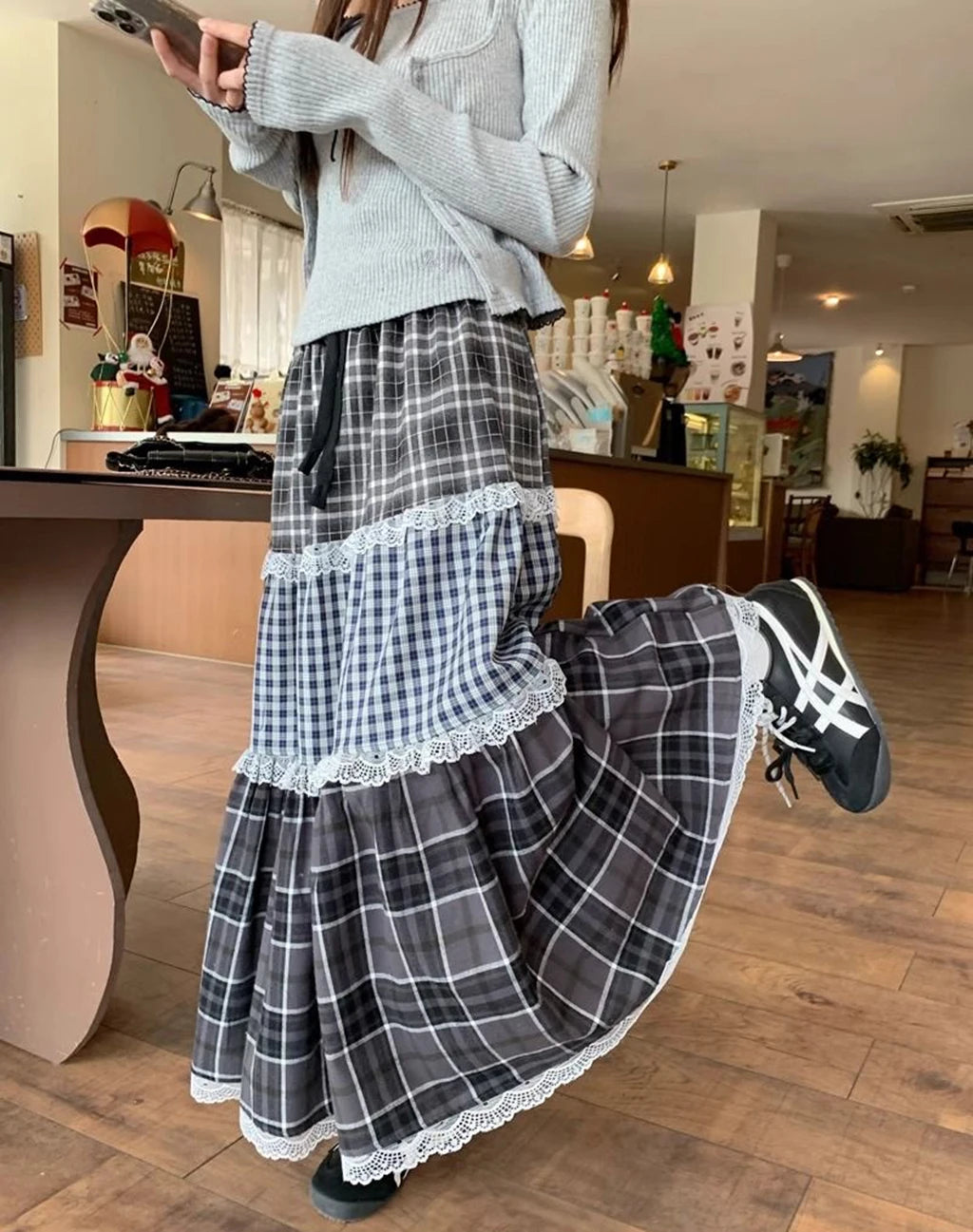 Patchwork Lace Long Skirt - High Waist Plaid Vintage