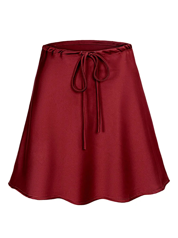 Satin Mini Skirt - Drawstring High Waist A-Line
