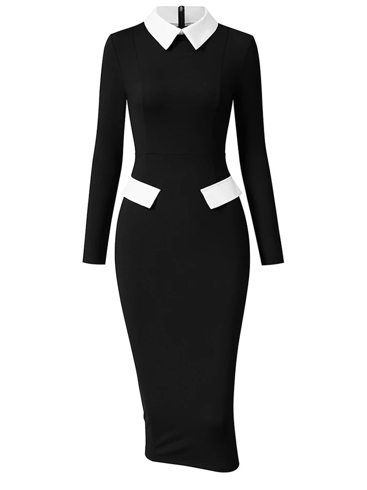 Pencil Dress - Polo Collar Long Sleeve Office