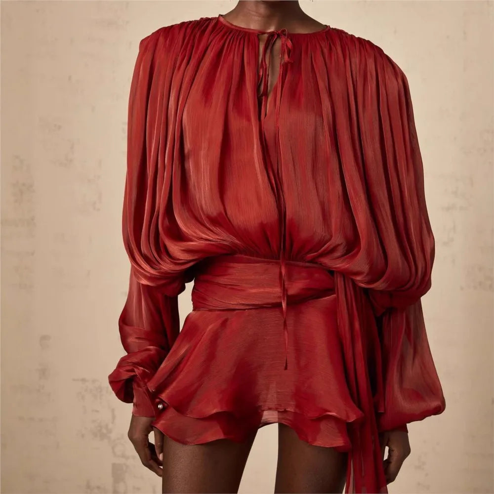 Vestido Corto Encaje Manga Puff Cuello V Holgado