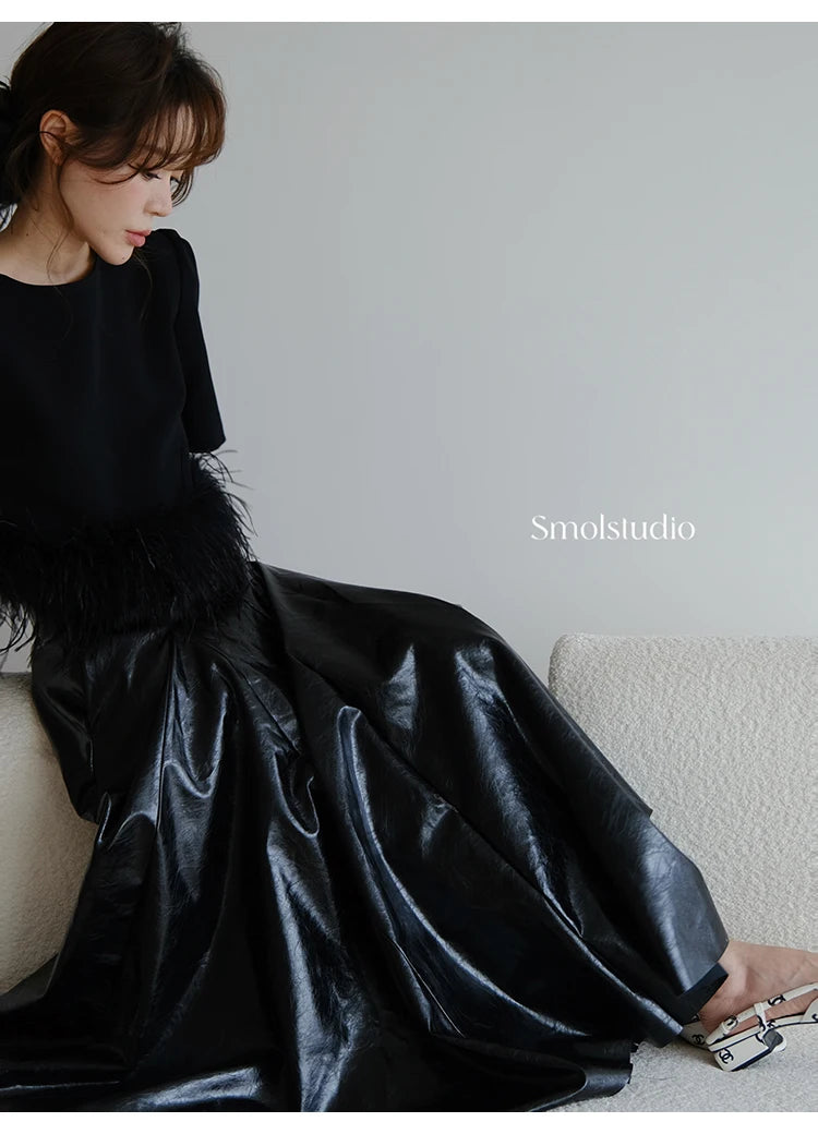 PU Leather Maxi Skirt - High Waist Pleated Black