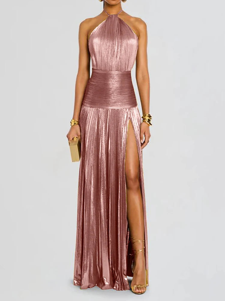 Party Maxi Dress - Halter Lacing Sleeveless