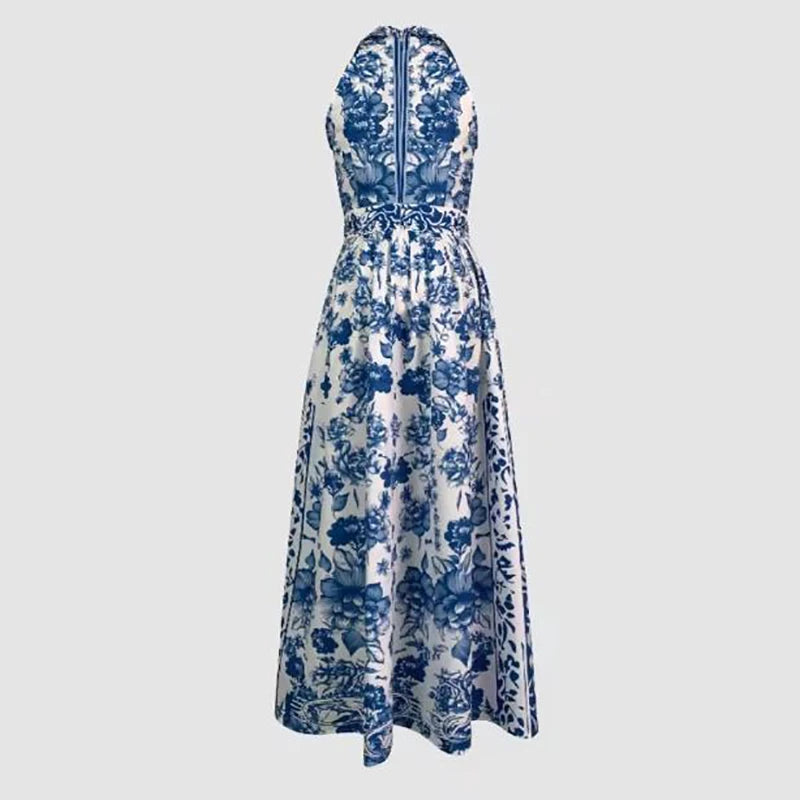 Vestido Largo Azul Floral Geométrico Sin Mangas Elegante Fiesta