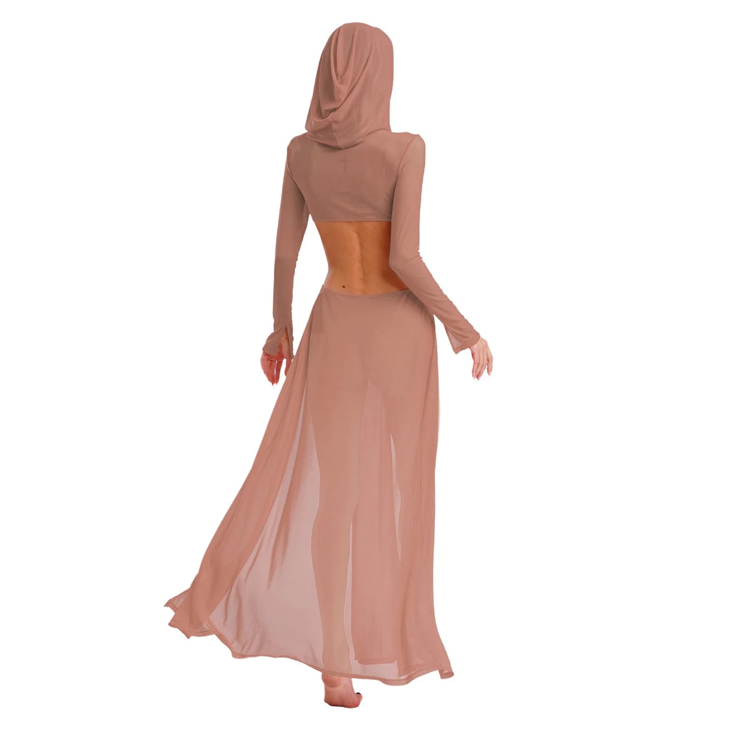 Sheer Maxi Dress - Hooded Face Mask High Slit
