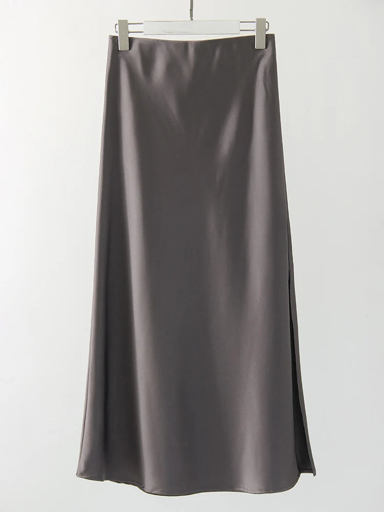 Satin Maxi Skirt - High Waist Side Slit Black