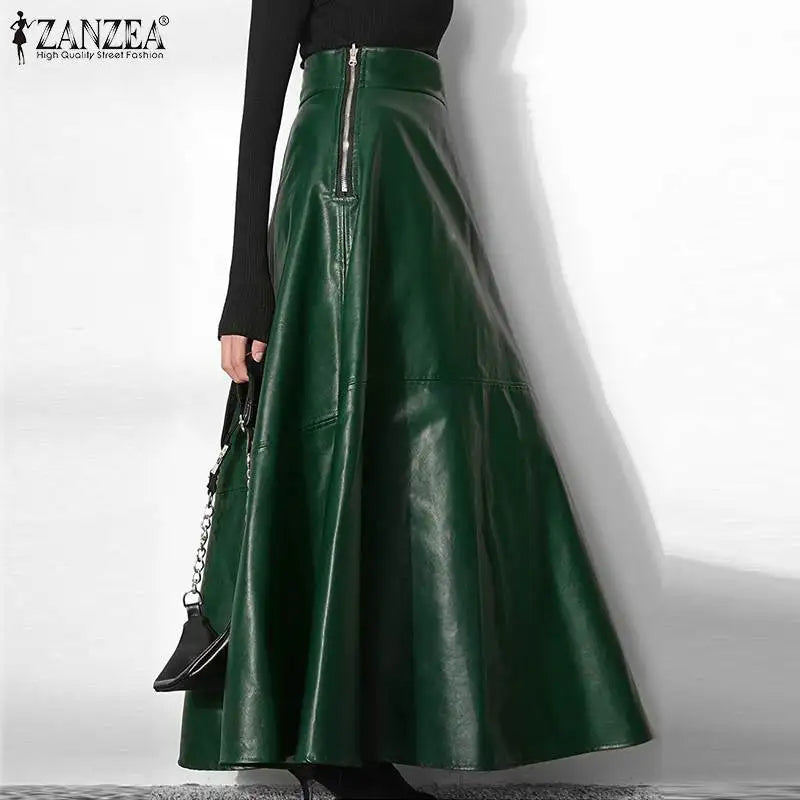 PU Leather Maxi Skirt - High Waist Zipper Style B