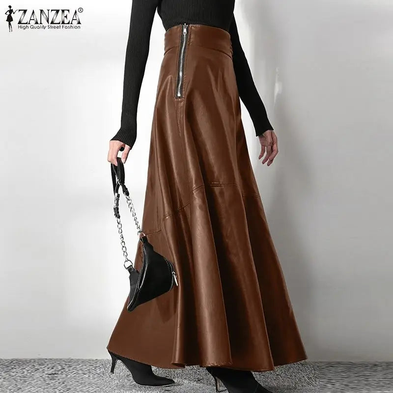 PU Leather Maxi Skirt - High Waist Zipper Style B