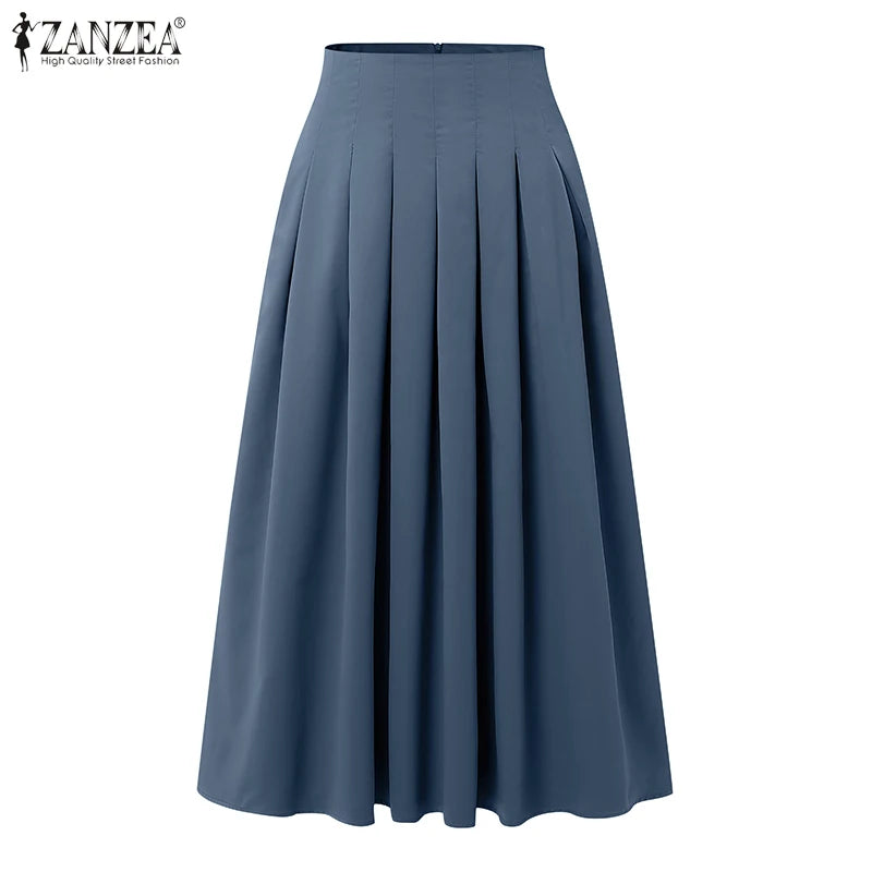 Pleated Midi Skirt - High Waist Solid Black