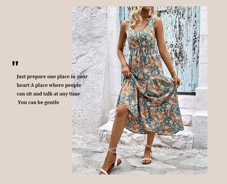 Vestido Largo Casual Floral Escote V Sin Mangas Mujer