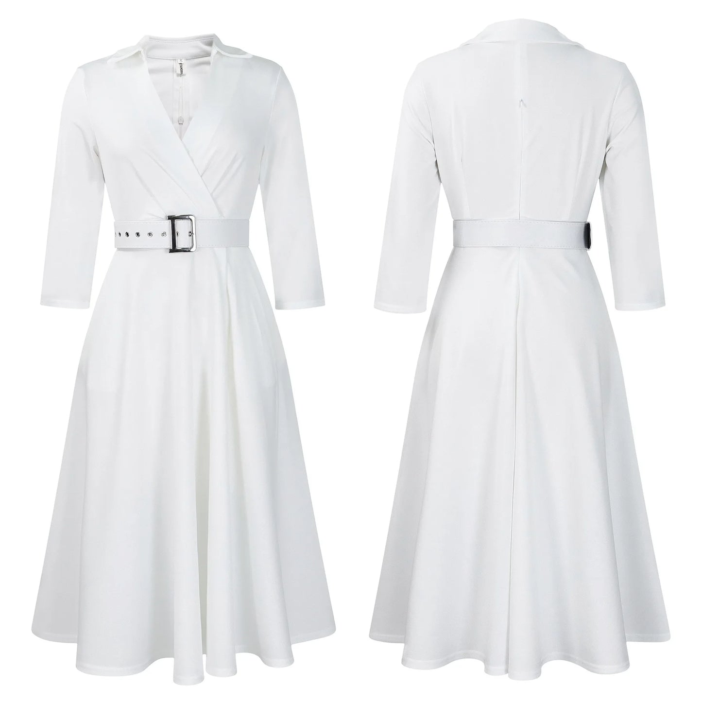 Office Dress - Turn Down Collar Belt Pleated African