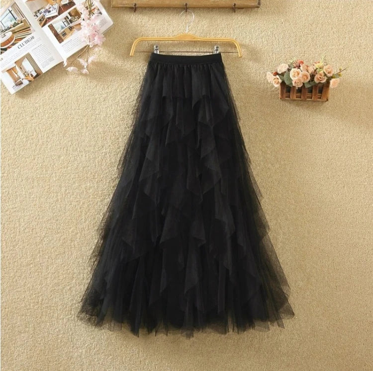 Tutu Tulle Long Maxi Skirt Women Fashion Korean Cute Pink High Waist Pleated Skirt Mesh Female Lady Aesthetic Faldas