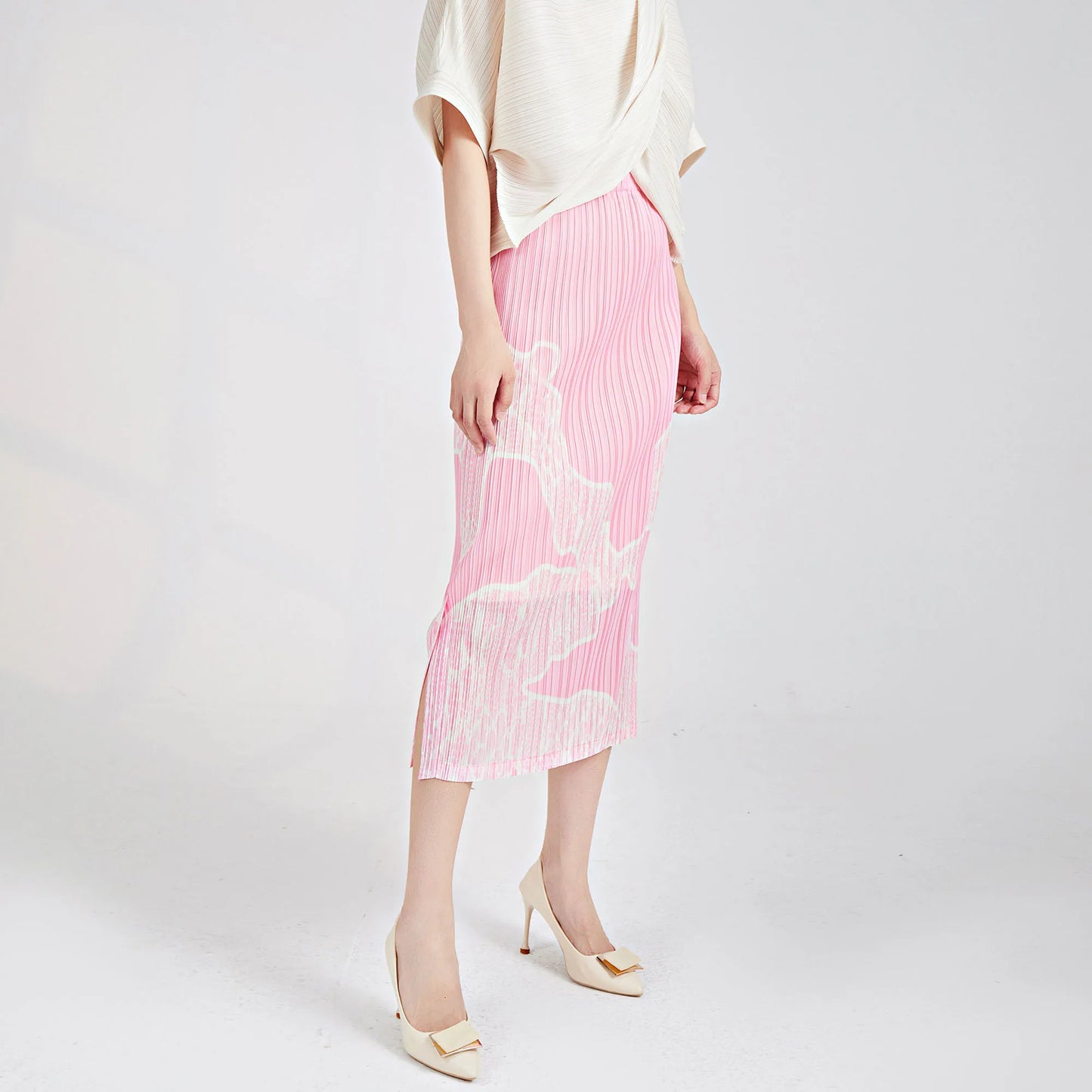 Pleated Pencil Midi Skirt - High Waist Print