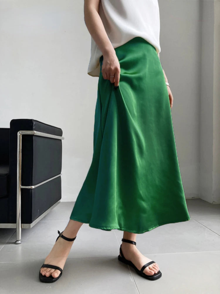 Satin Long Skirt - High Waist A-Line Black