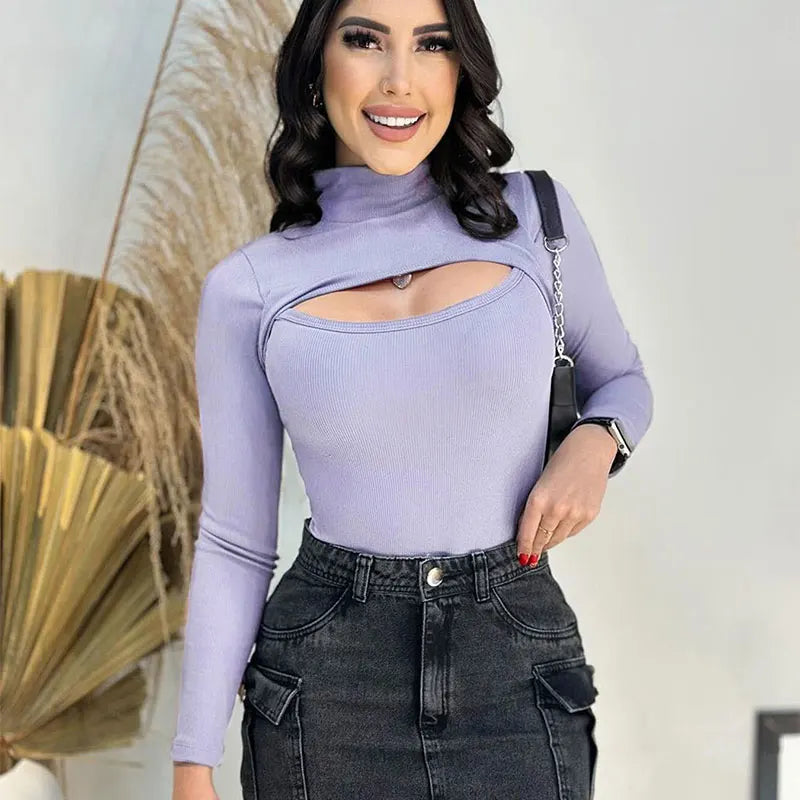 Turtleneck T-Shirt - Hollow Out Long Sleeve