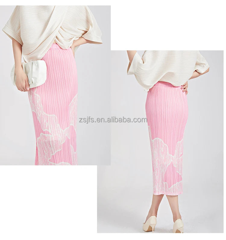 Pleated Pencil Midi Skirt - High Waist Print