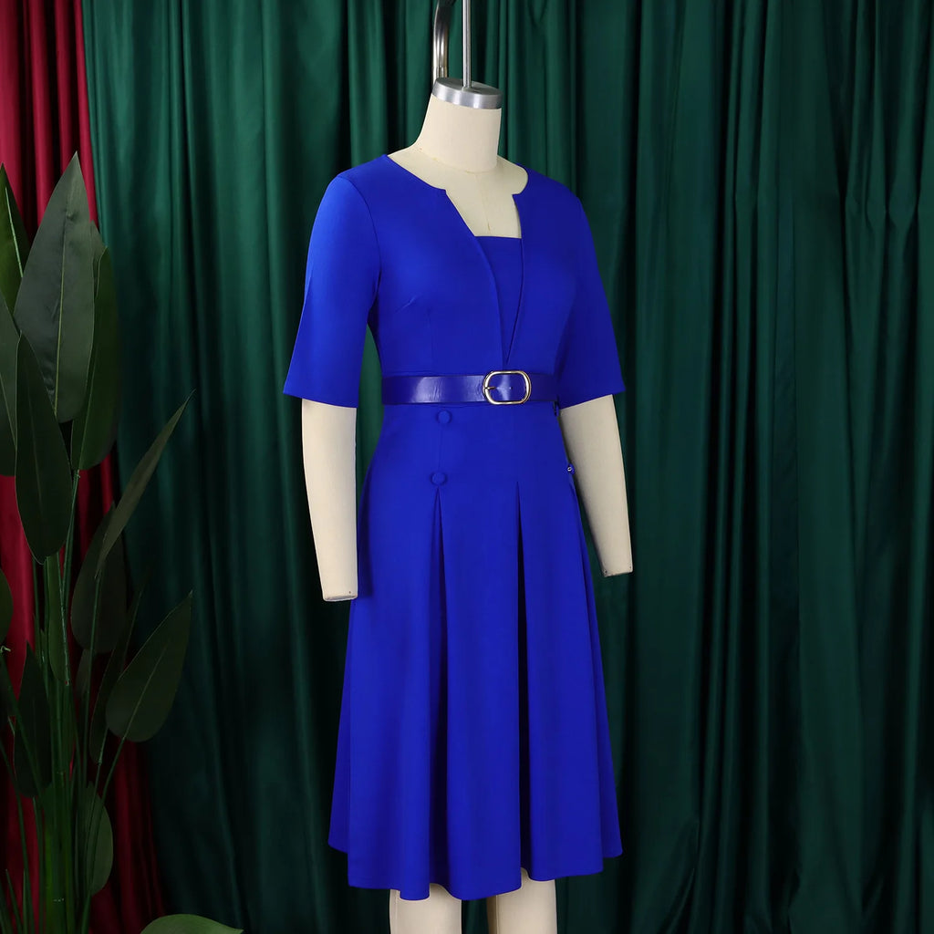 Vestido de Oficina Plisado Escote V Cintura Alta Cinturón Elegante