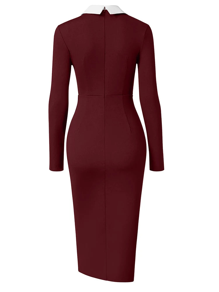 Pencil Dress - Polo Collar Long Sleeve Office
