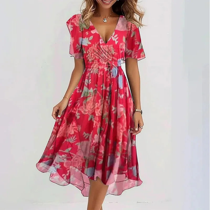 Elegant Women's Spring And Summer Short Sleeved Loose A-line Dress Women's Casual V-neck Floral Print Beach Style Dresses Midi