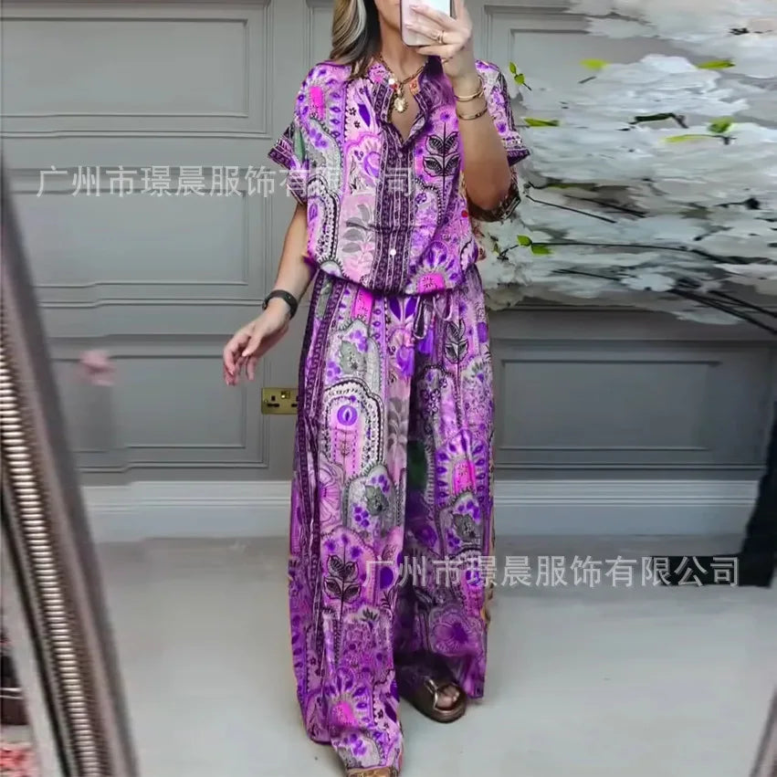 Conjunto Casual Mujer Top Estampado Pierna Ancha Suelto