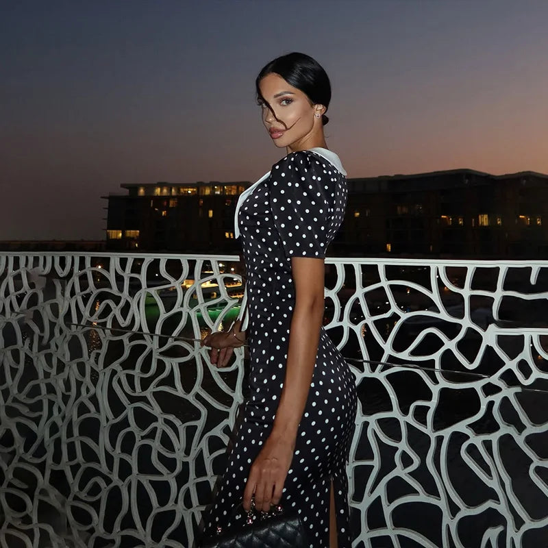 Vestido Largo Negro Puntos Blancos Ajustado Cuello V