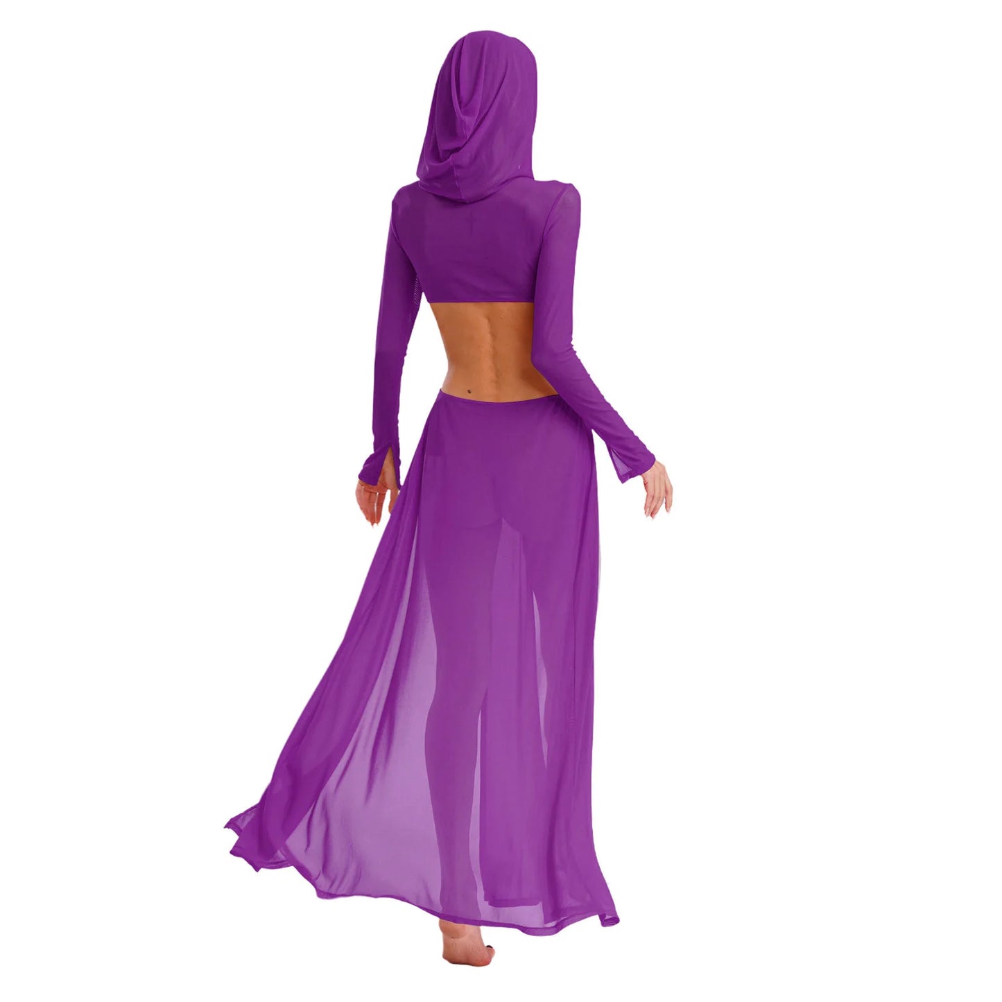 Sheer Maxi Dress - Hooded Face Mask High Slit