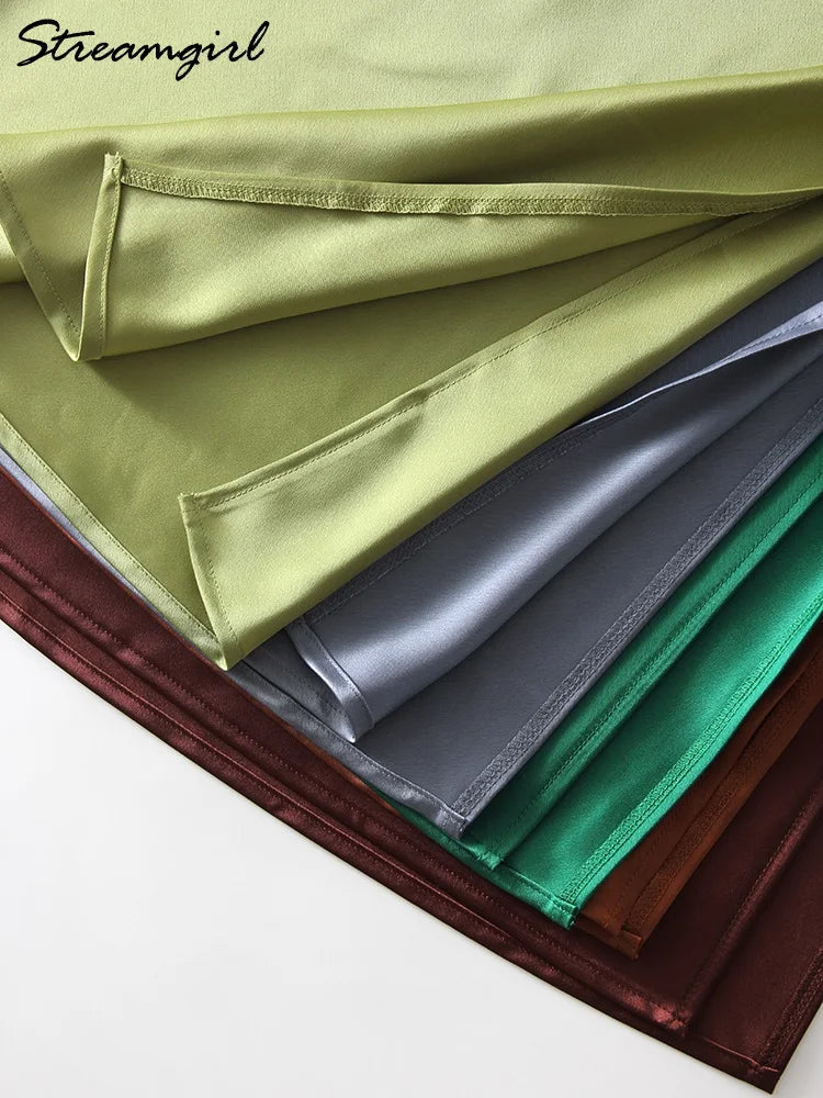 Satin Midi Skirt - A-Line Side Slit