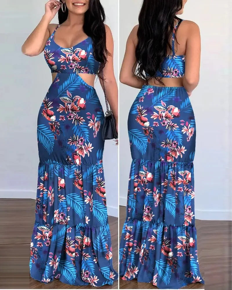 Pencil Dress - V Neck Backless Print Sleeveless