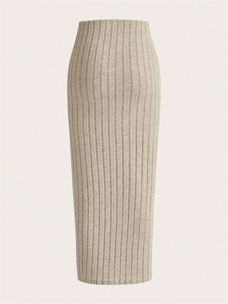 Ribbed Knit Pencil Skirt - High Waist Long