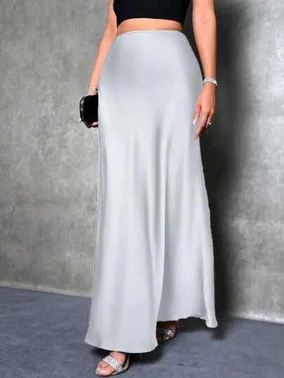 Satin Maxi Skirt - High Waist A-Line Champagne