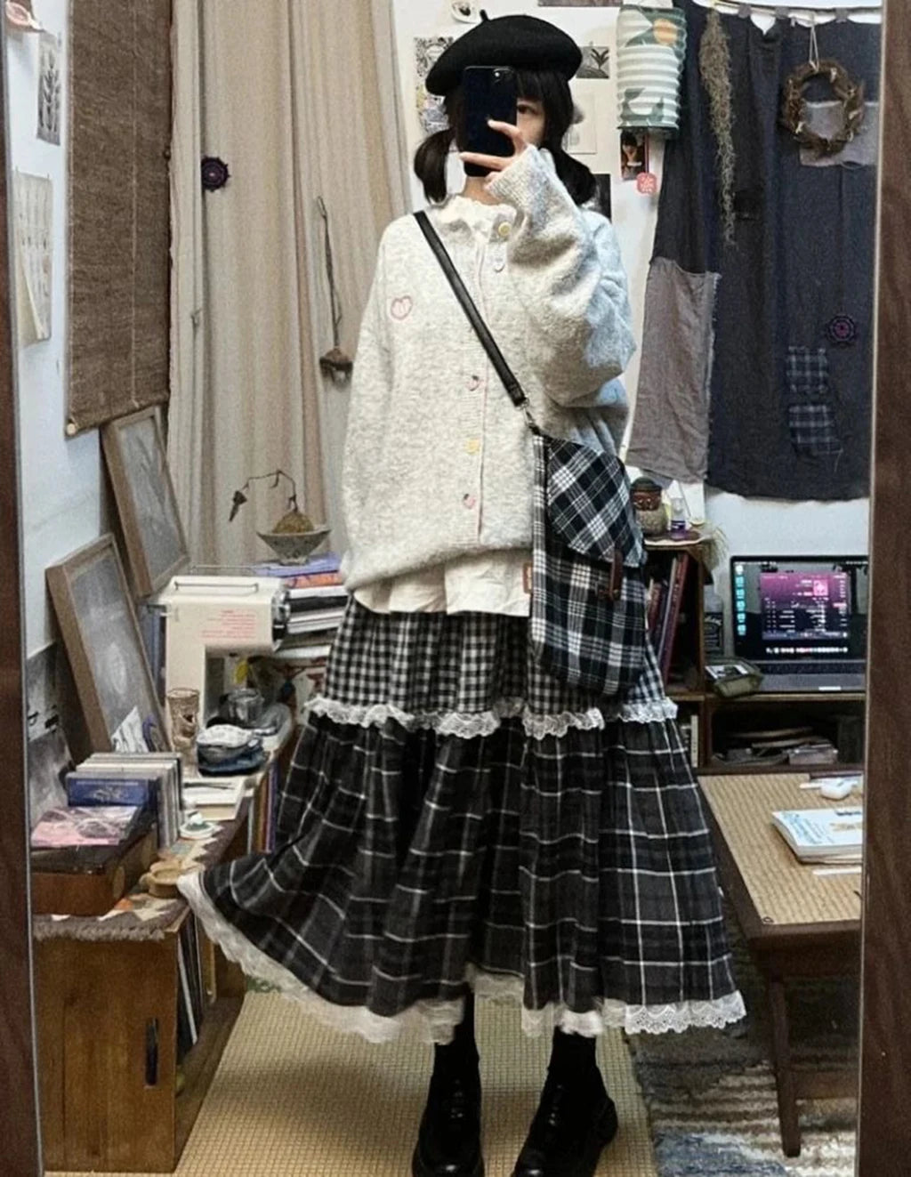 Patchwork Lace Long Skirt - High Waist Plaid Vintage