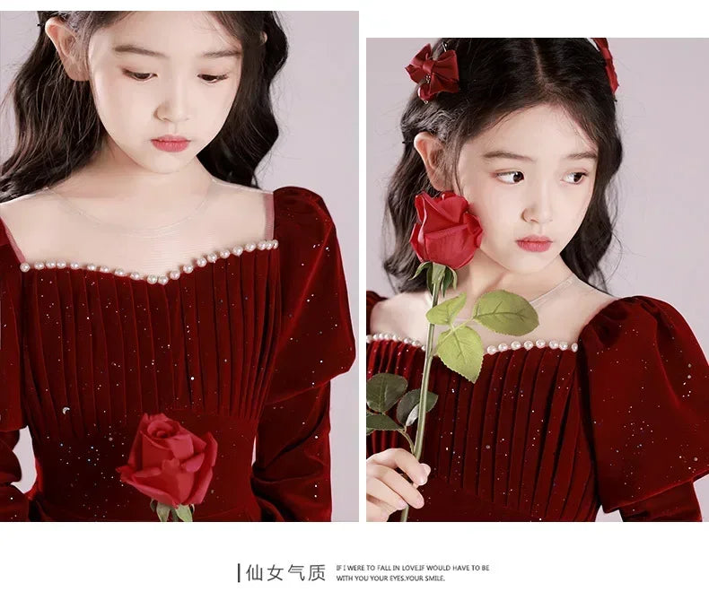 Vestido Fiesta Niña Lentejuelas Rojo Vino Manga Puff