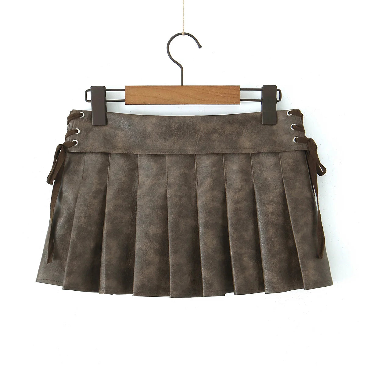 Y2K PU Leather Pleated Mini Skirt With Shorts lining Sexy Metal eyelets Cross Bandage Low Waist Short Skater Coffee Black