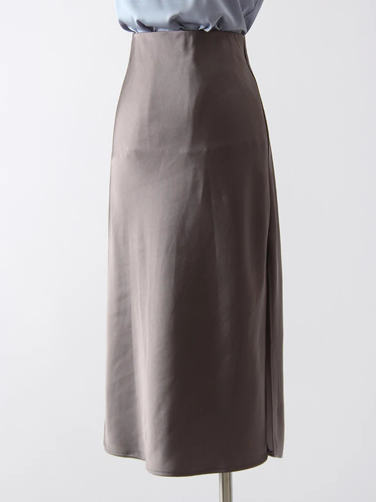 Satin Midi Skirt - A-Line Side Slit