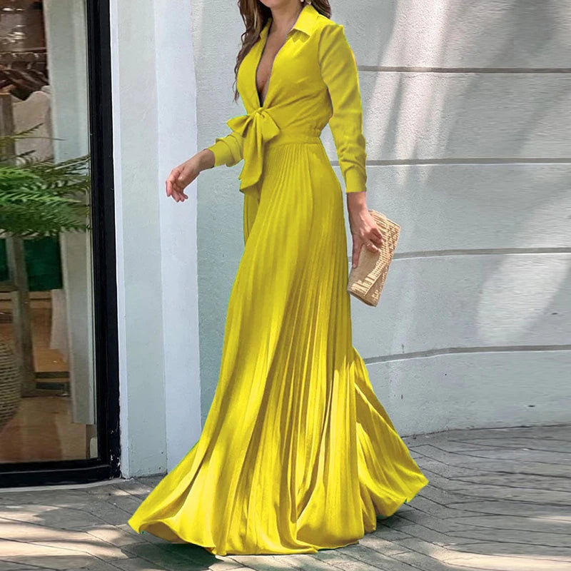 Vestido Largo Boho Floral Escote V Manga Larga Línea A Mujer