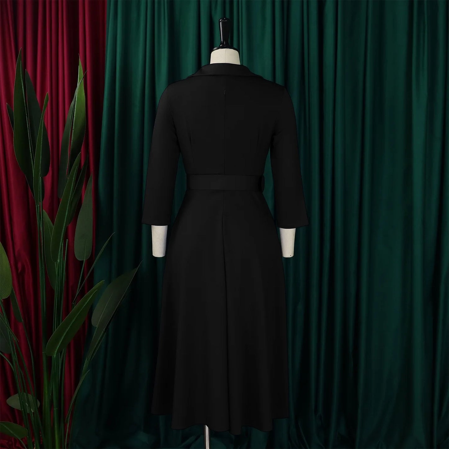 Office Dress - Turn Down Collar Belt Pleated African