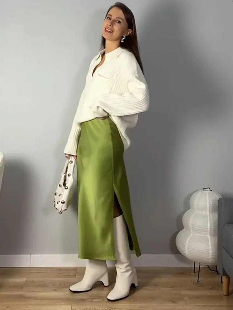 Satin Midi Skirt - A-Line Side Slit