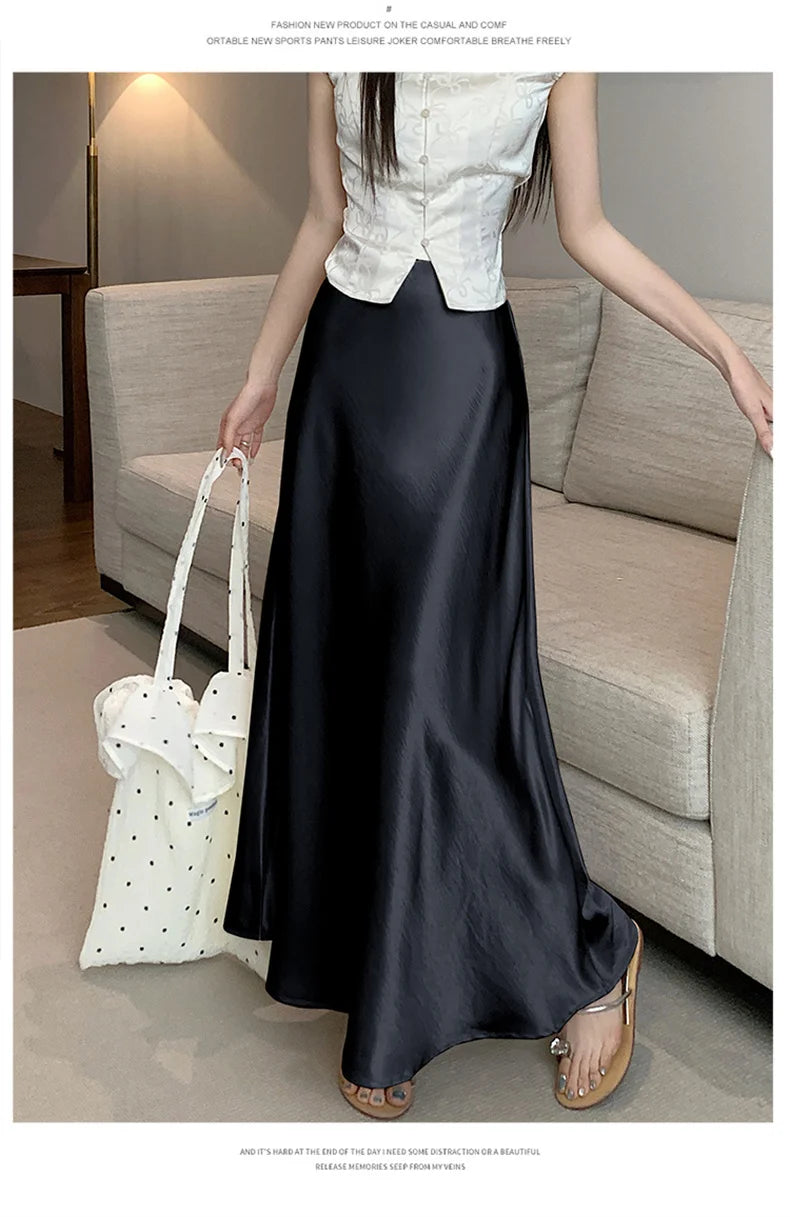 Pink Satin Midi Skirt - High Waist Fishtail Wrap