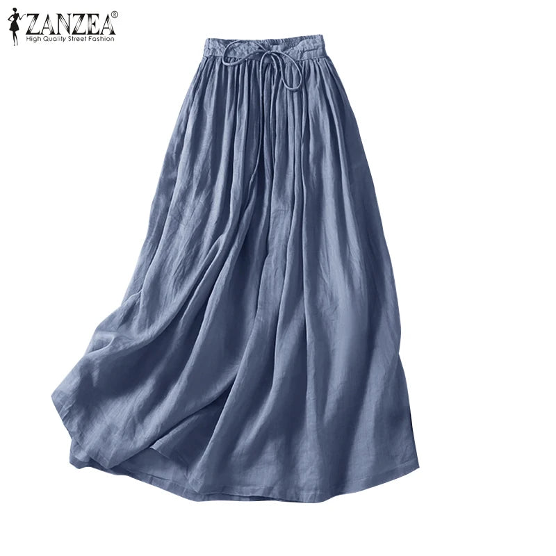 ZANZEA Elegant Faldas Flowy A-line Pleated Skirt 2024 Casual Women Elastic Waist Skirts Party Loose High Waist Solid Maxi Skirt
