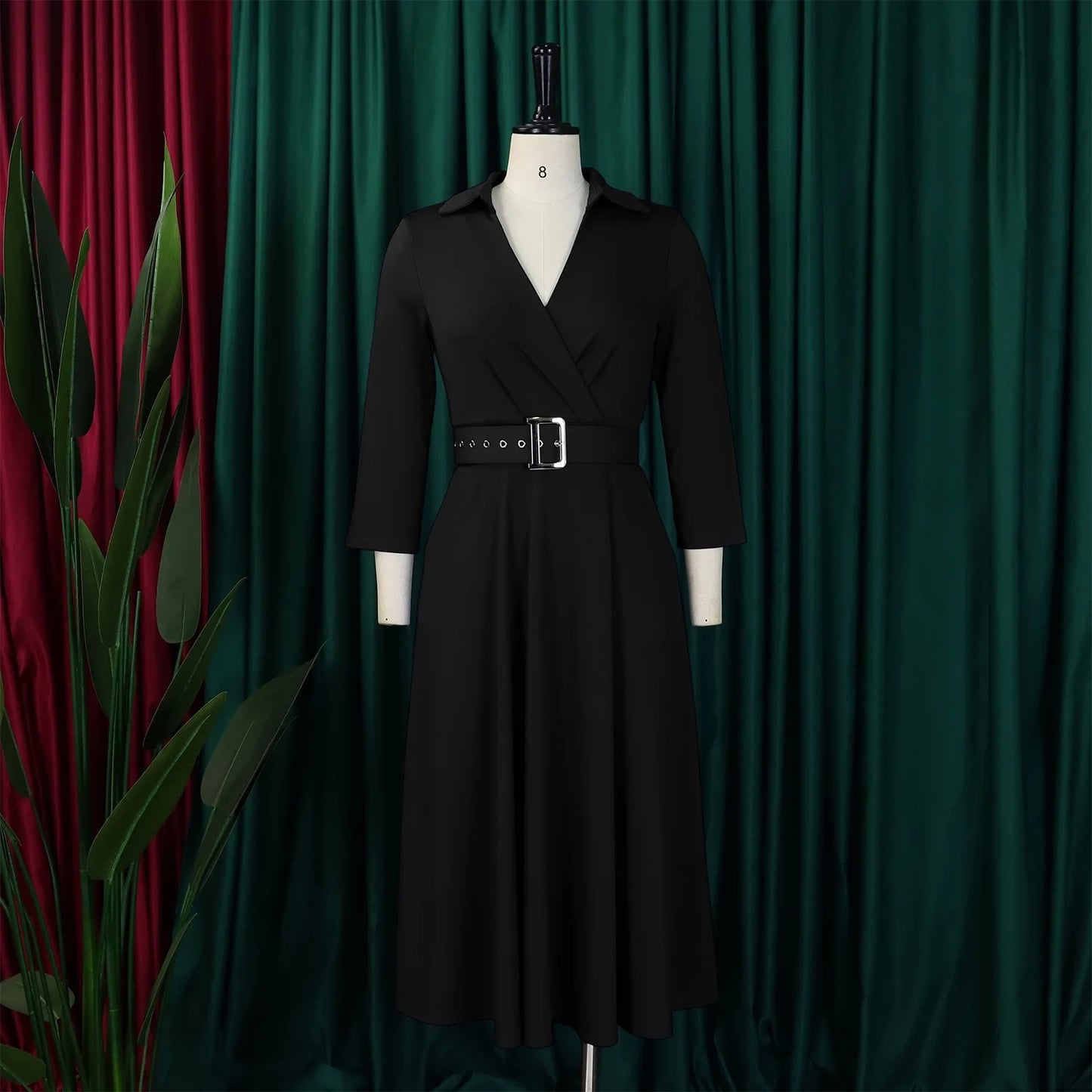 Office Dress - Turn Down Collar Belt Pleated African