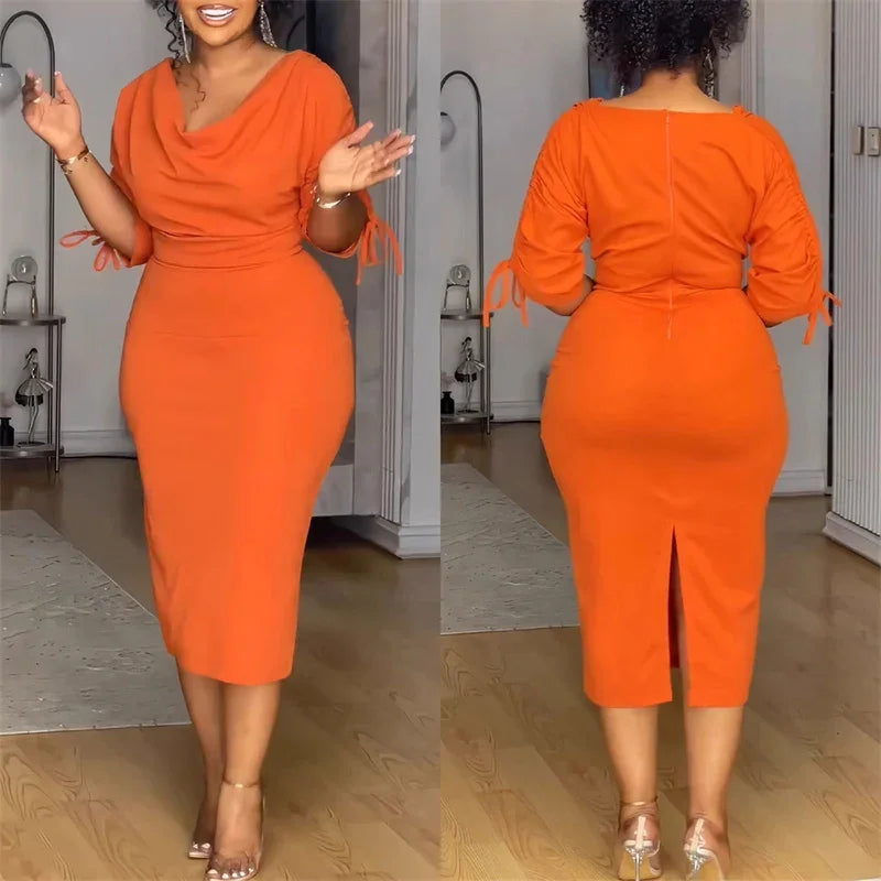 Pencil Midi Dress - Vintage Office Drawstring Ruched