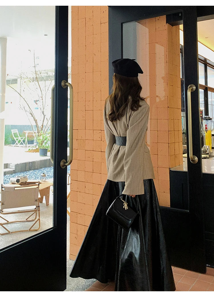 PU Leather Maxi Skirt - High Waist Pleated Black