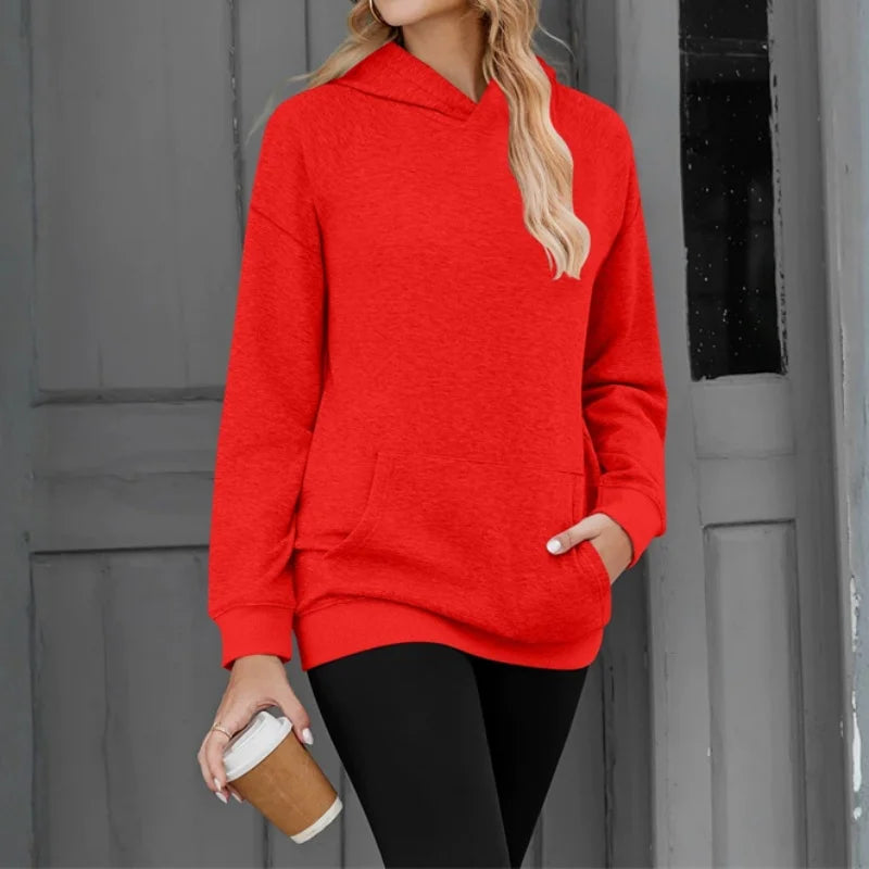 Polerón Mujer Capucha Manga Caída Color Sólido Bolsillos