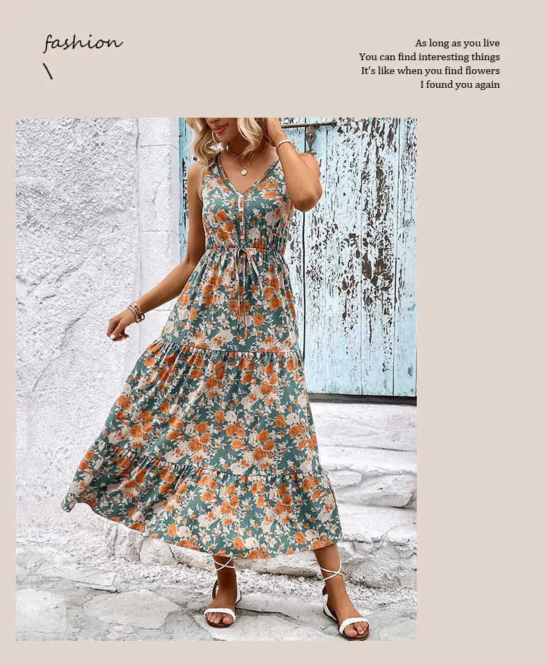 Vestido Largo Casual Floral Escote V Sin Mangas Mujer