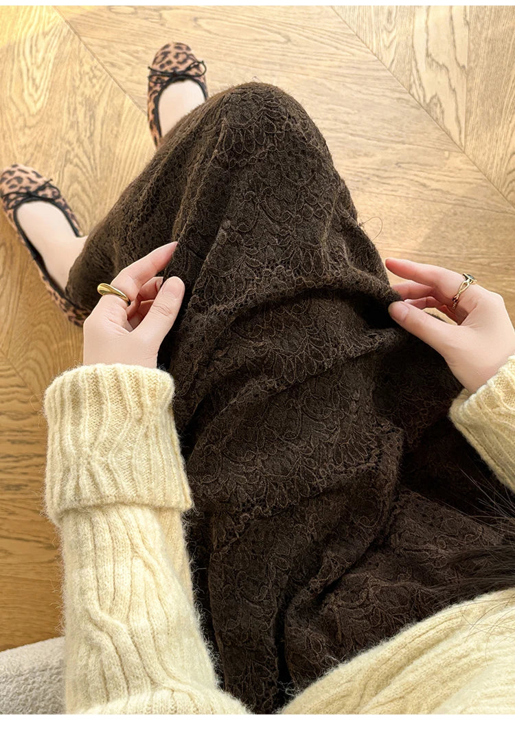Retro Mid-length Lace Fleece Skirt Women Korean Fashion Fall Winter High-waisted Skirt Female Chic All Match Faldas 2025
